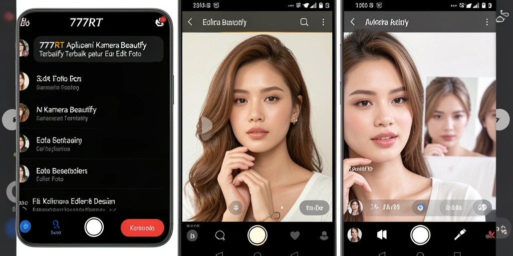 Antarmuka aplikasi 777RT yang intuitif dan fitur Kamera Beautify.