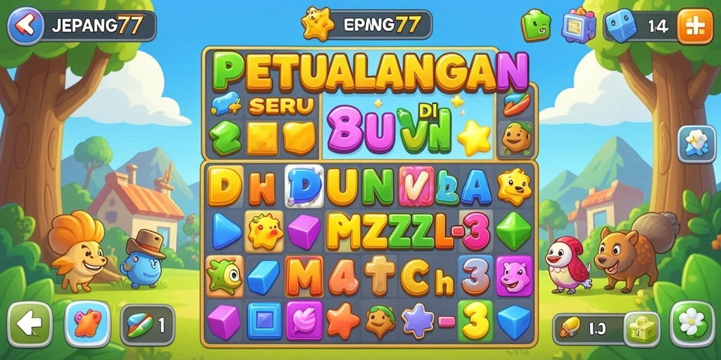 Tampilan antarmuka permainan Puzzle Match-3 yang menarik dan interaktif.