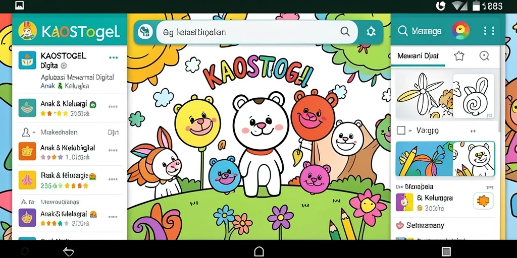 Antarmuka aplikasi KAOSTOGEL dengan pilihan gambar mewarnai yang menarik.